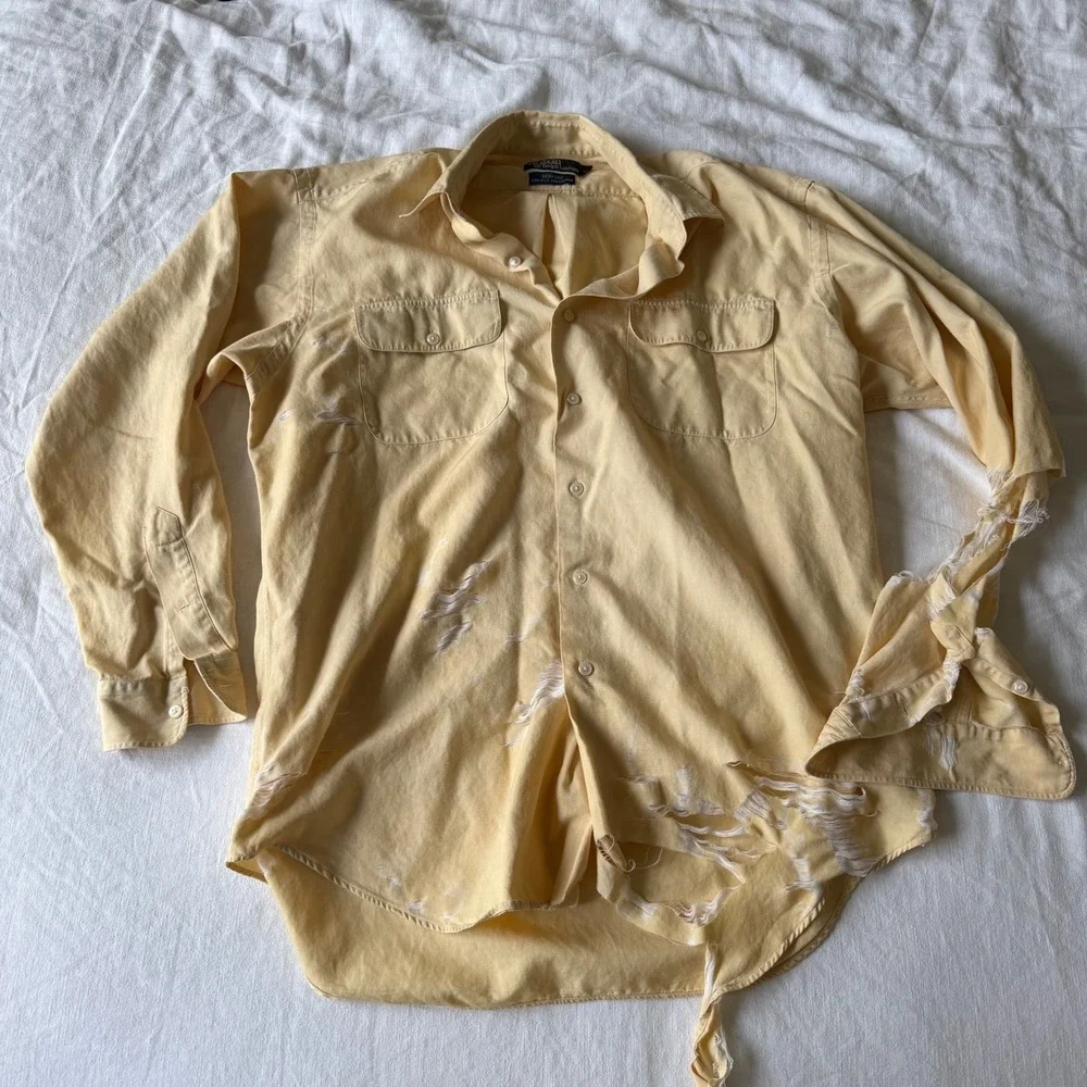 Polo Ralph Lauren Benford Silk Cotton‎ Shirt Yellow Distressed Thrashed Mens L